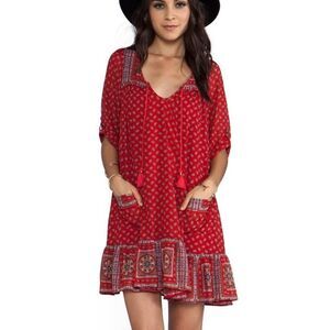 Free People Red Printed Tassel Mini Dress